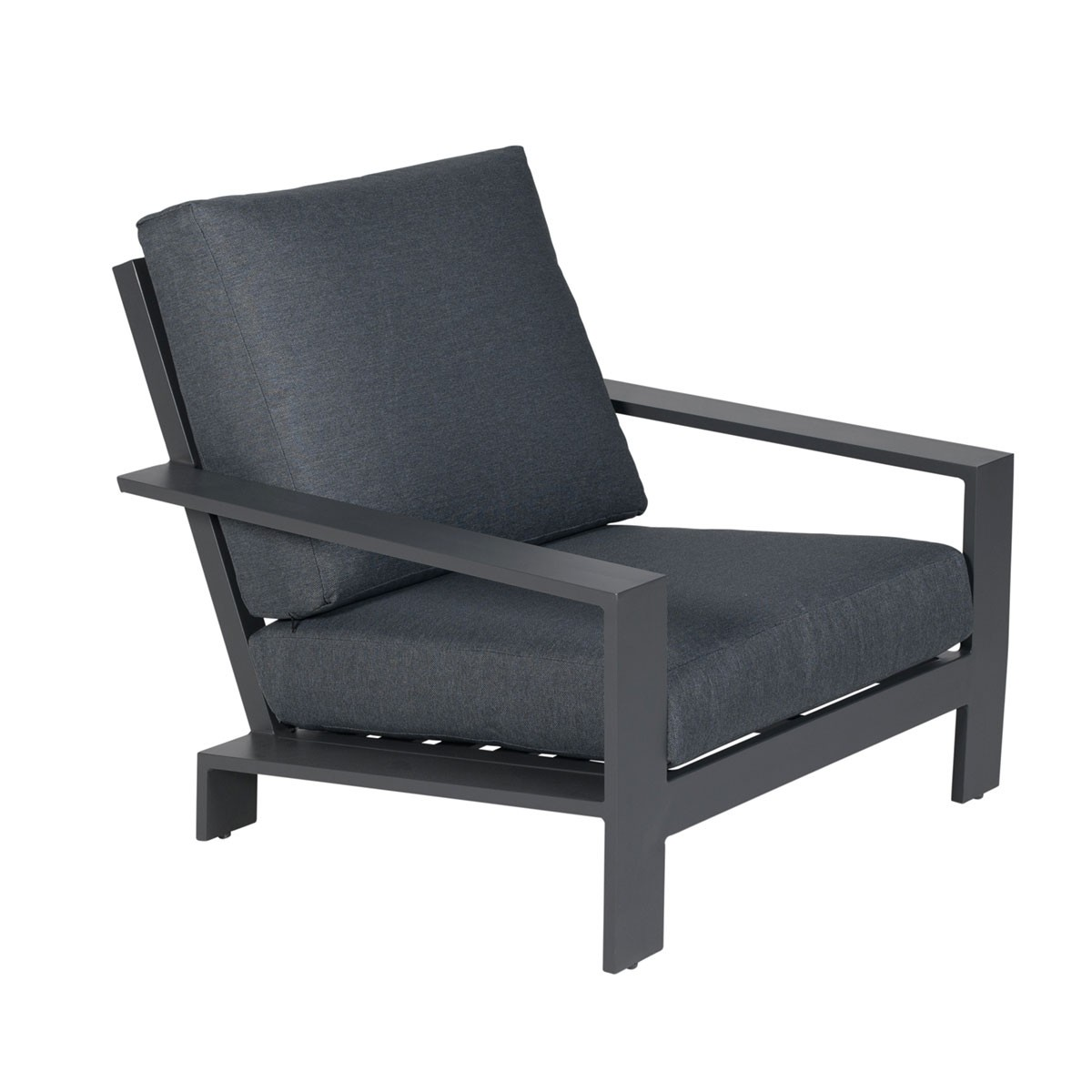 Modern gray outdoor chair with angled arms and a dark gray cushion.