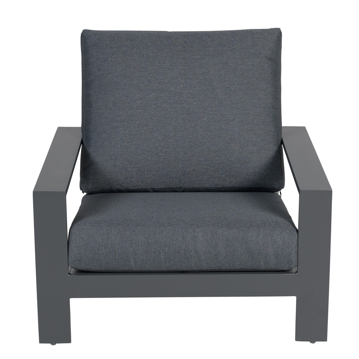 Gray outdoor chair with a straight back and a dark gray cushion.