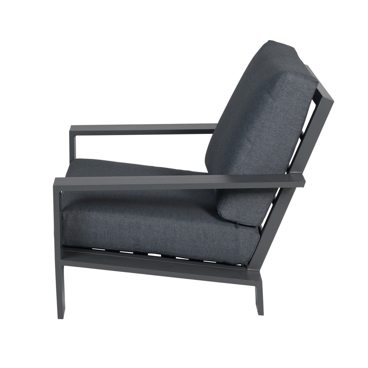 Outdoor chair profile view with angled arms, gray frame and dark gray cushion.