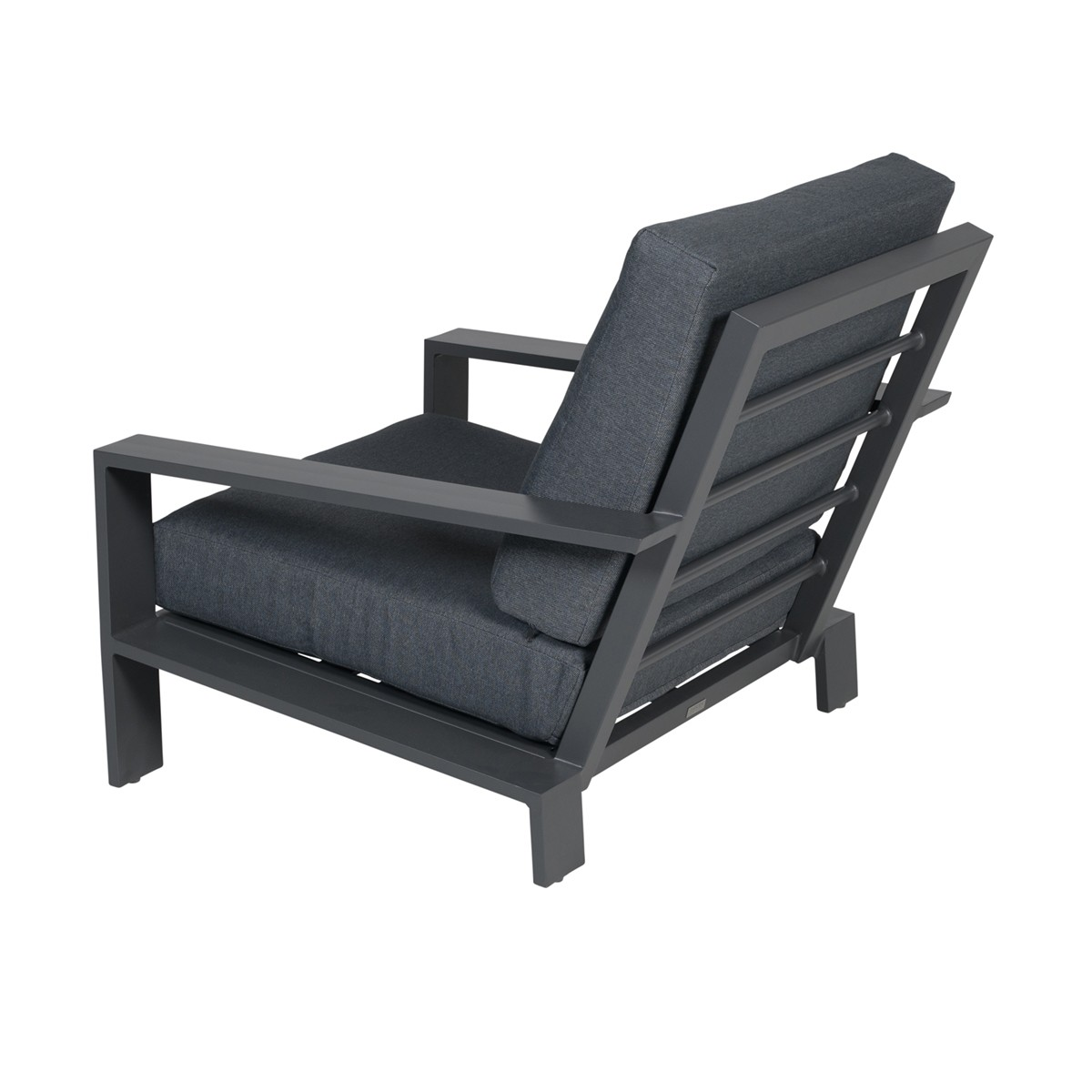 Gray outdoor chair, back view, with angled backrests and gray cushion.