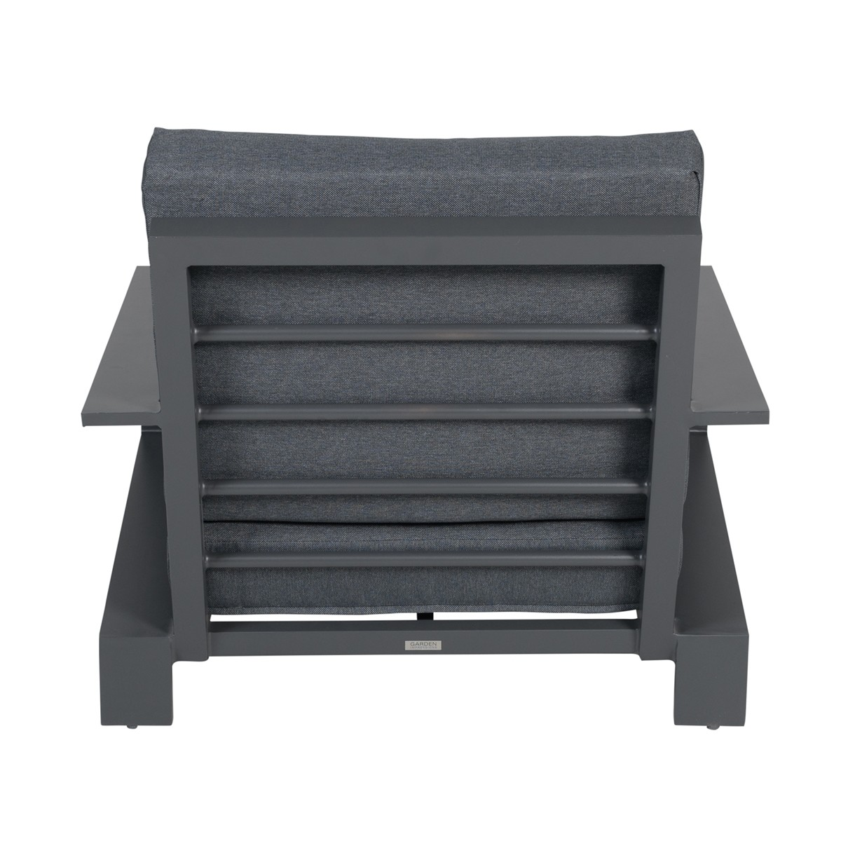 Back of dark gray outdoor chair with cushion. Isolated on white background.