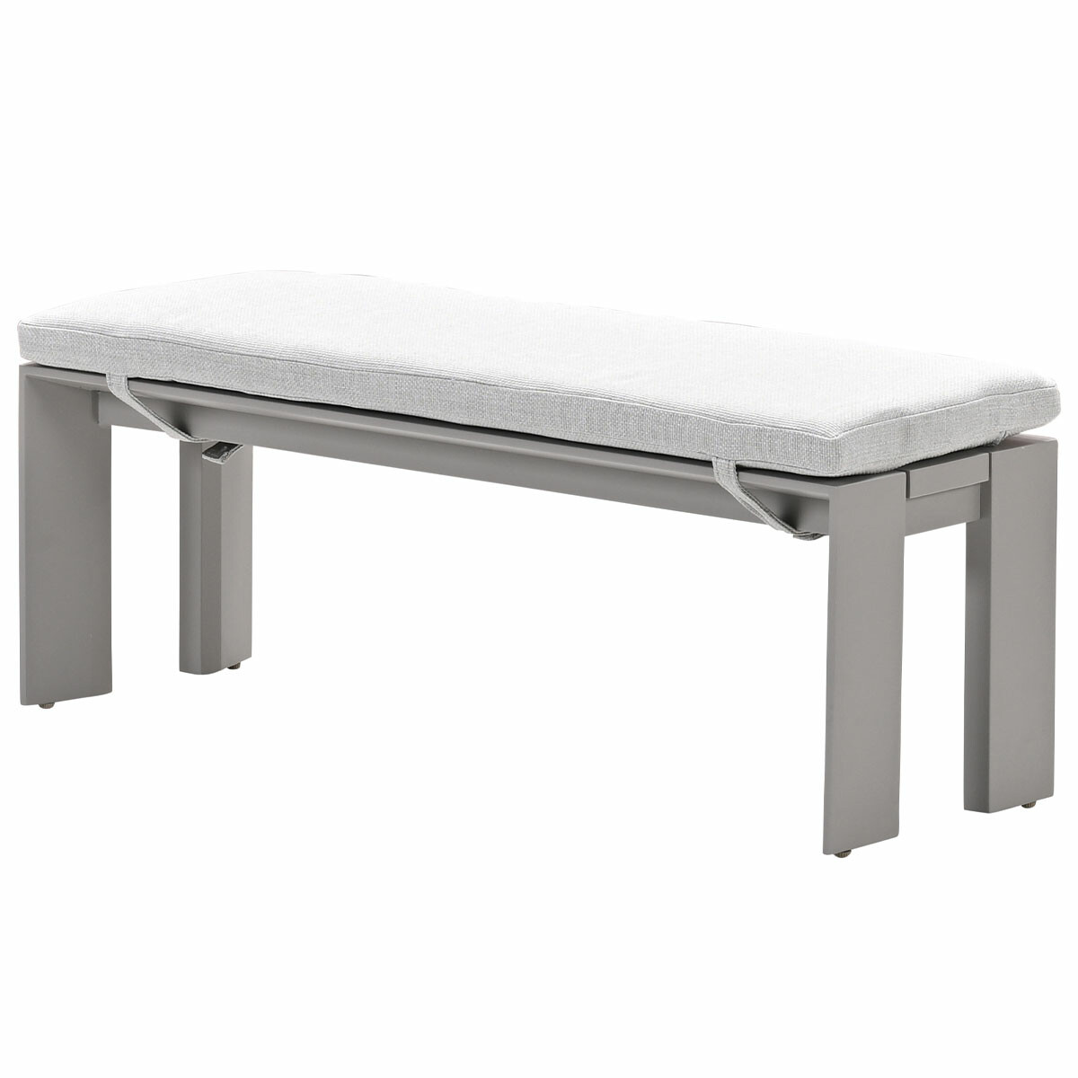 Banc gris avec coussin blanc et cadre gris, vu de côté.