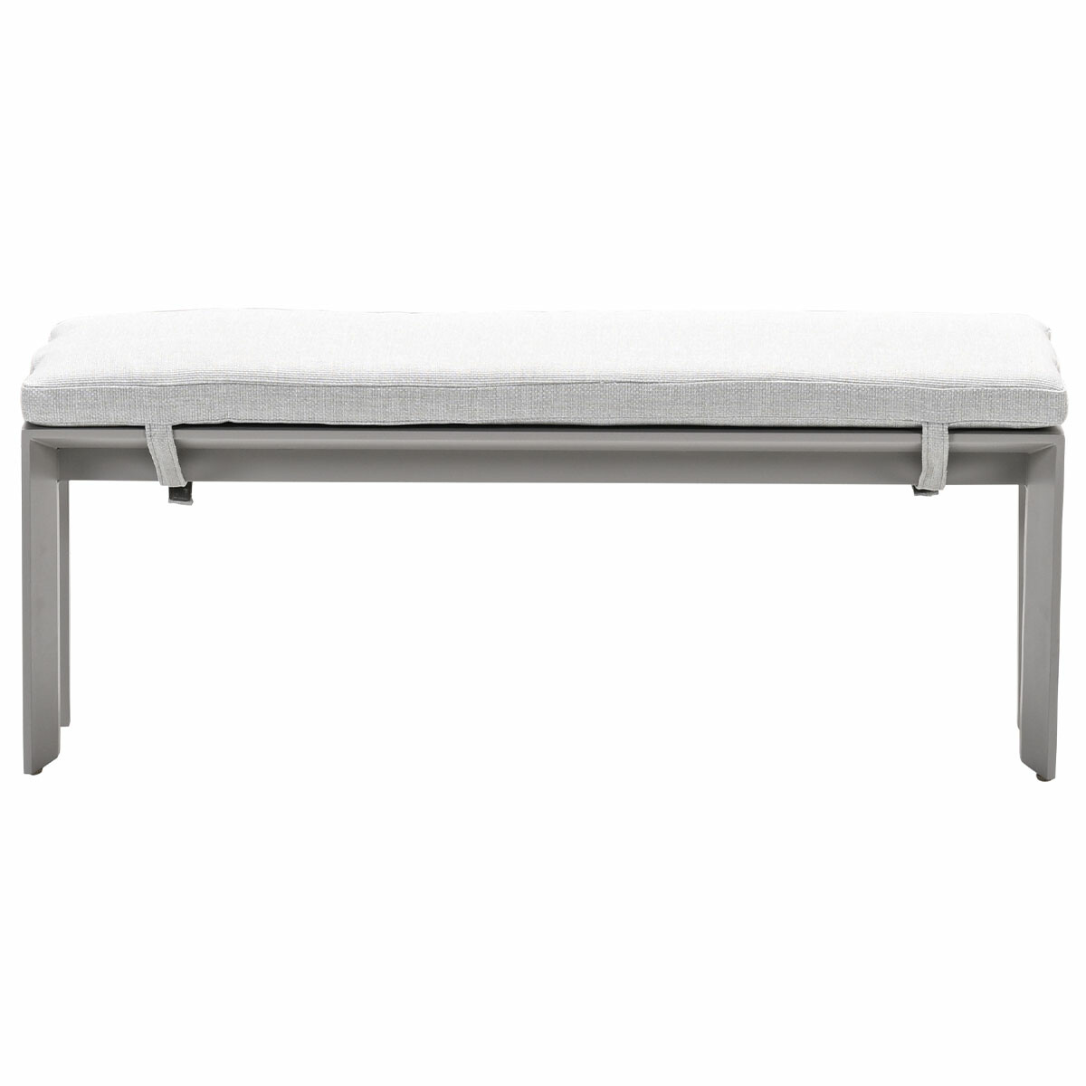 Banc gris avec coussin blanc, vu de côté, avec sangles.