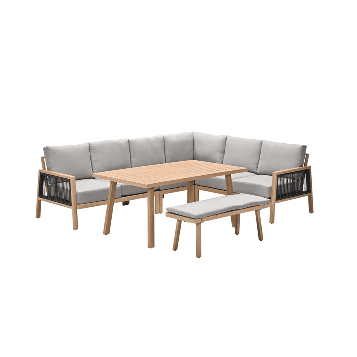 Eetset voor buiten met een houten tafel, bank en L-vormige zithoek.