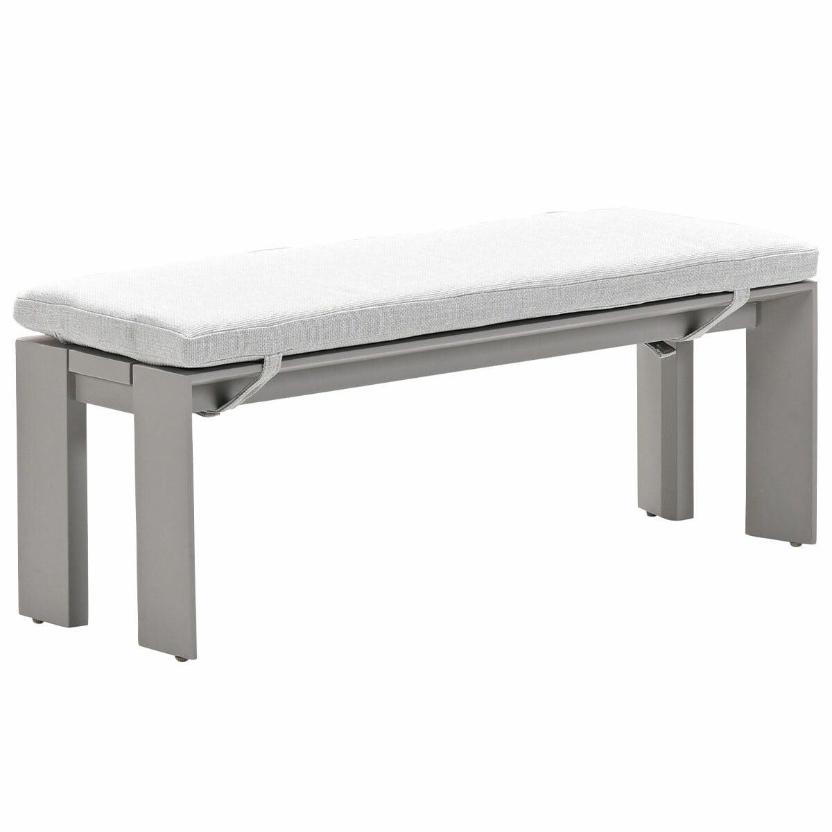 Banc gris avec coussin blanc, vu de côté, avec sangles.
