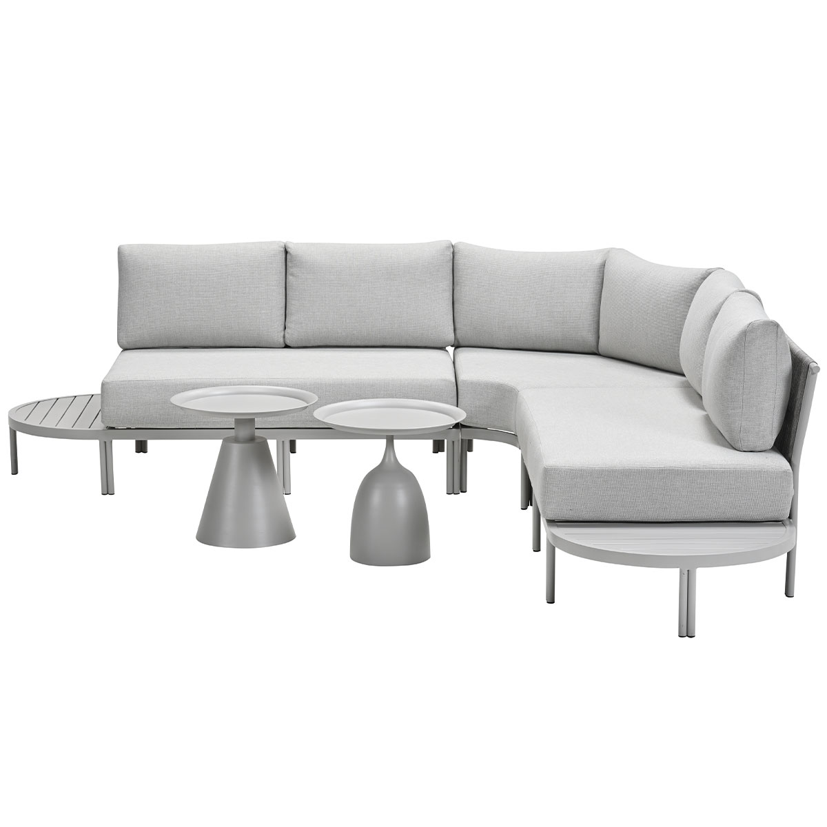 Gray sectional sofa with two small tables. Isolated on white background.