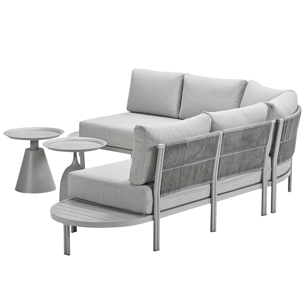 Outdoor seating area with curved sofa, two side tables. The setting is modern, on a white background.