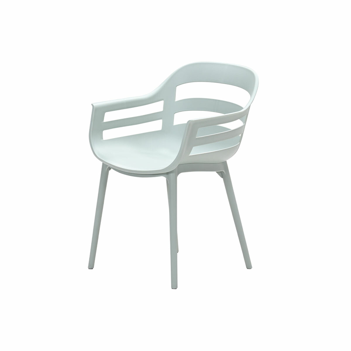 Light blue plastic chair with armrests. Isolated on white background.