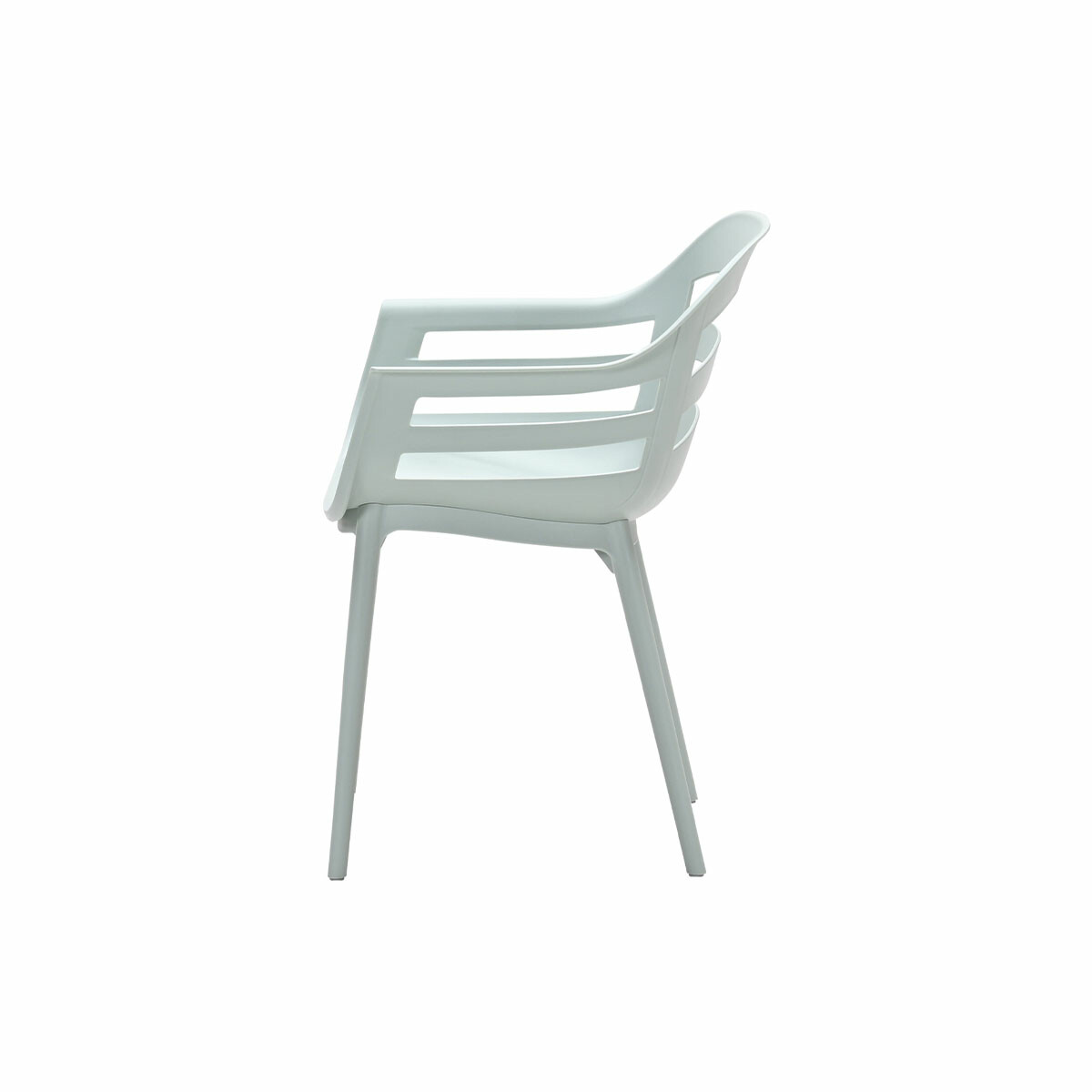 A light blue plastic chair with armrests, viewed from the side.