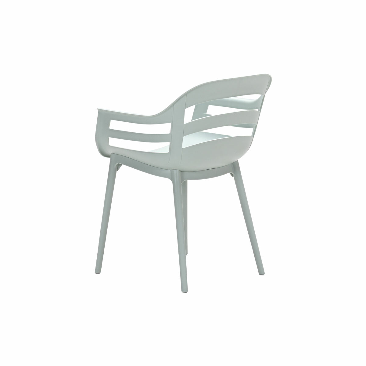 Back view of light blue plastic chair with armrests. Isolated on white.