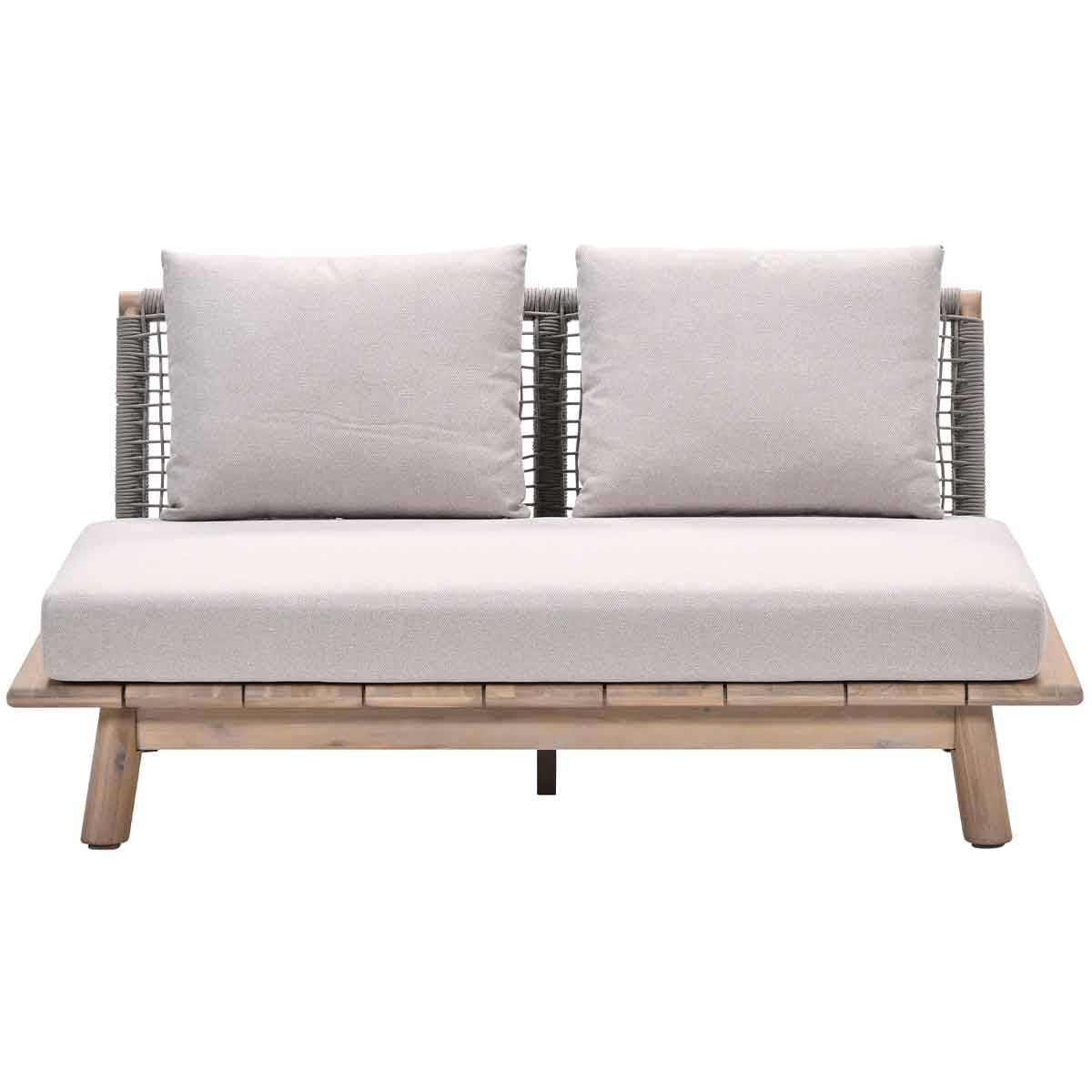 Back view of a two-seater sofa with cushions and a woven back.