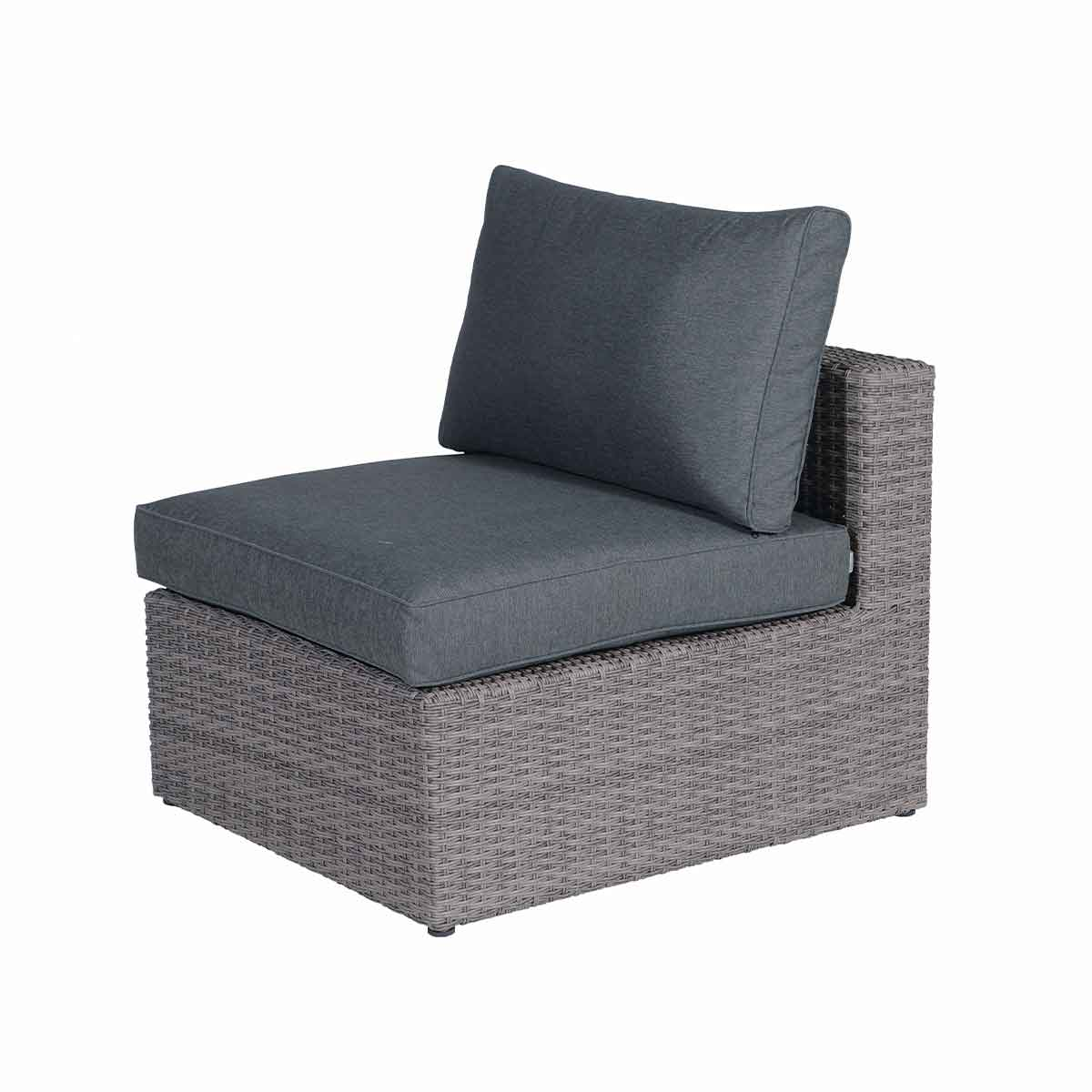A gray woven chair with a cushion on a white background.