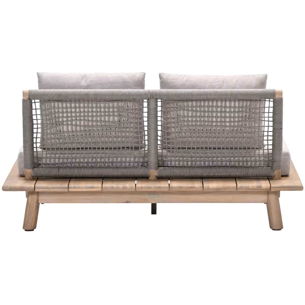 Back view of a two-seater sofa with cushions and woven rope back.