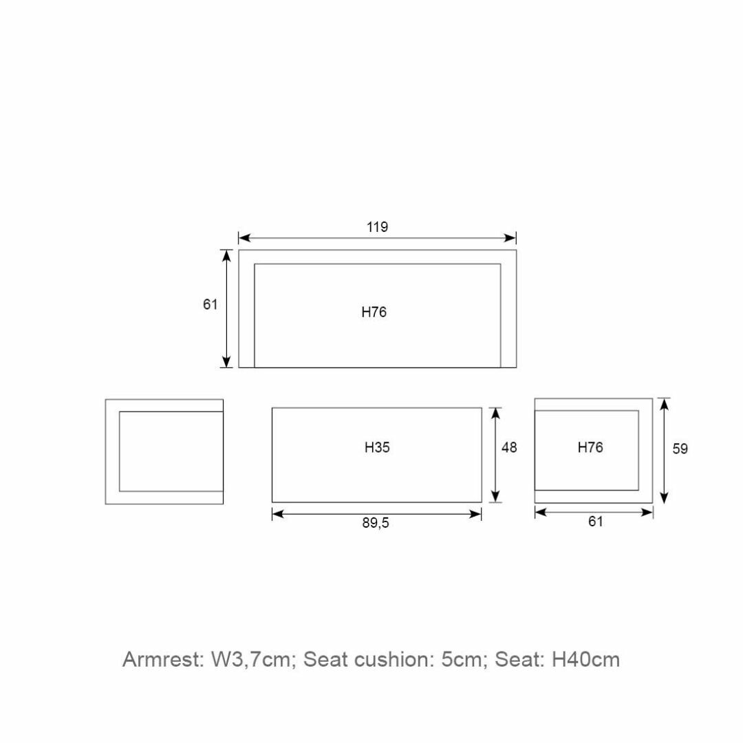 Diagram showing dimensions of furniture pieces: sofa, two armchairs and coffee table.