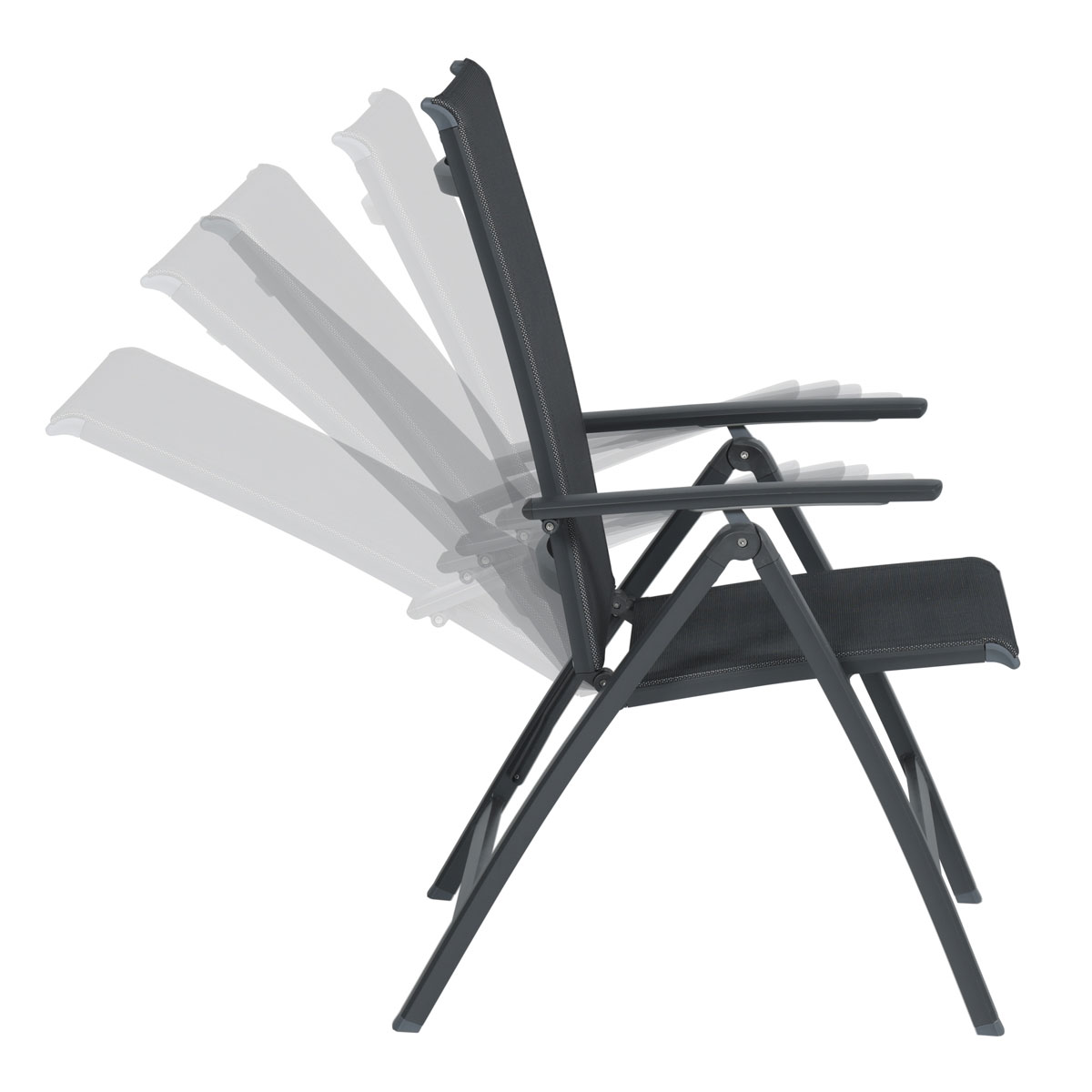 A folding chair with multiple positions, shown in a side view.