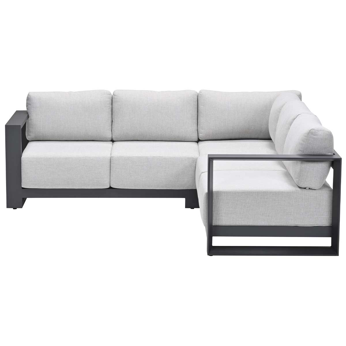 L-shaped gray outdoor sofa with light gray cushions. Set against a white backdrop.