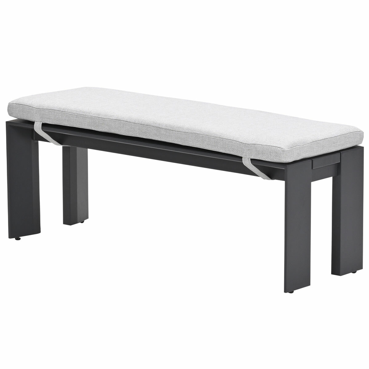 Un banc gris avec un coussin gris clair sur fond blanc.