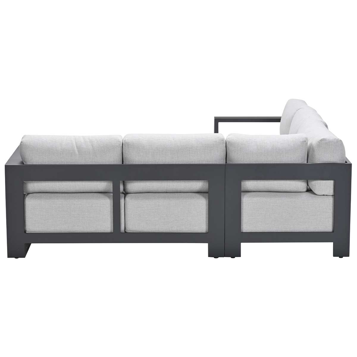 A gray corner sofa on a white background, seen from the side.