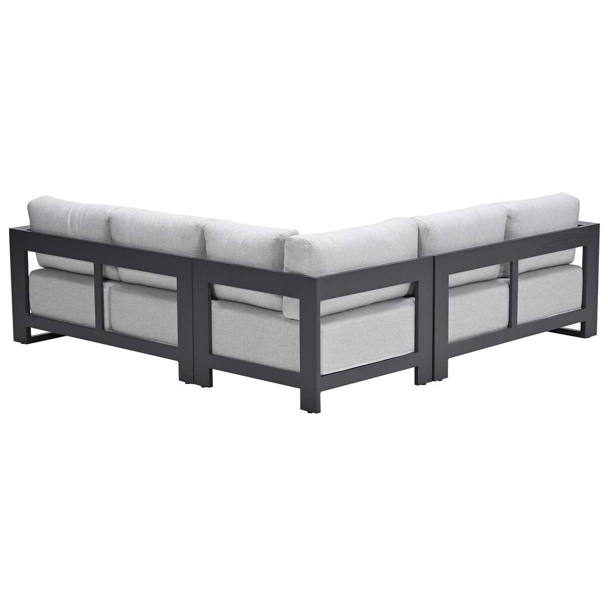 A gray corner sofa on a white background, seen from the back.