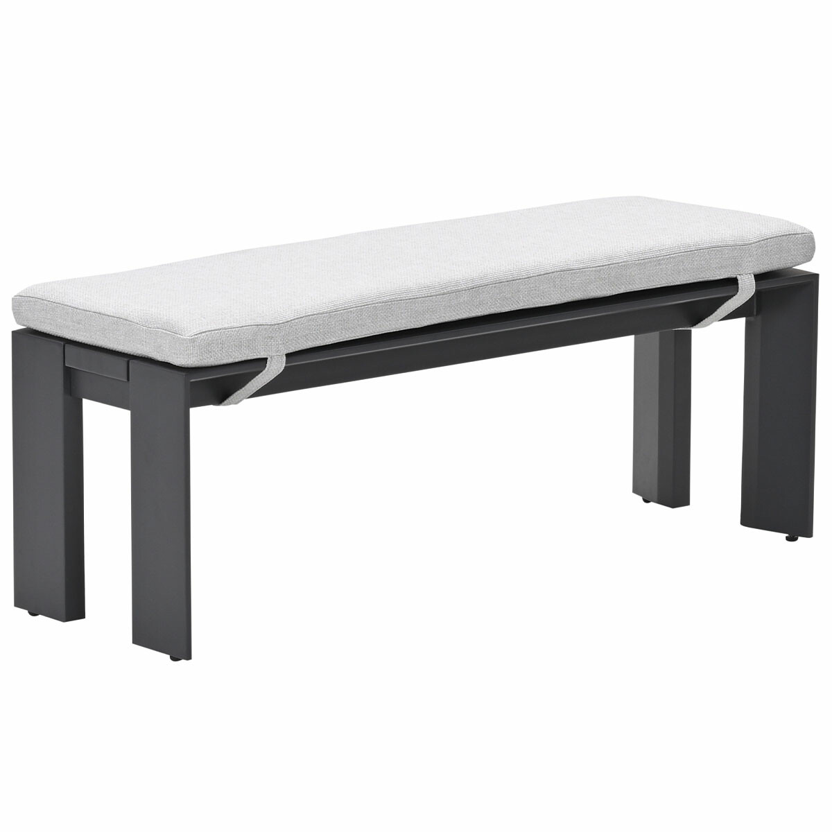 Un banc en métal gris avec coussin gris clair sur fond blanc.