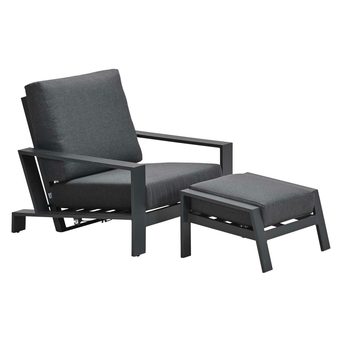 A dark gray chair and ottoman set against a white background.