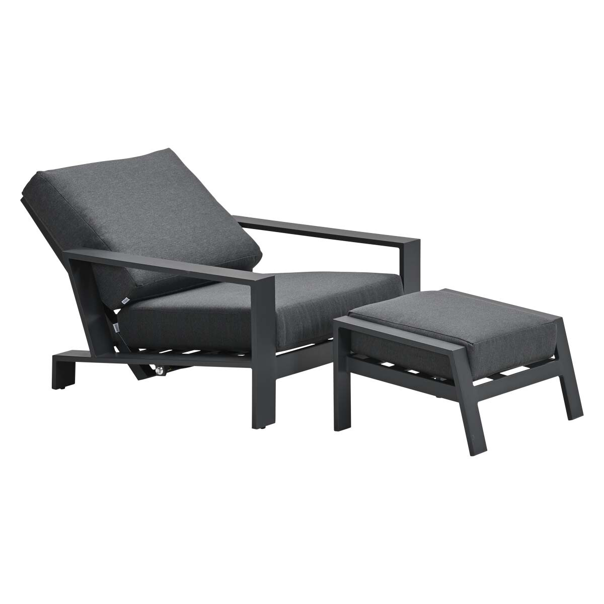 Dark gray outdoor chair with footrest. Both have gray cushions, set on a white background.