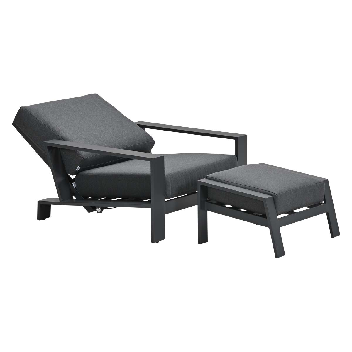 Dark gray outdoor chair with footrest. Both have gray cushions, isolated on white background.