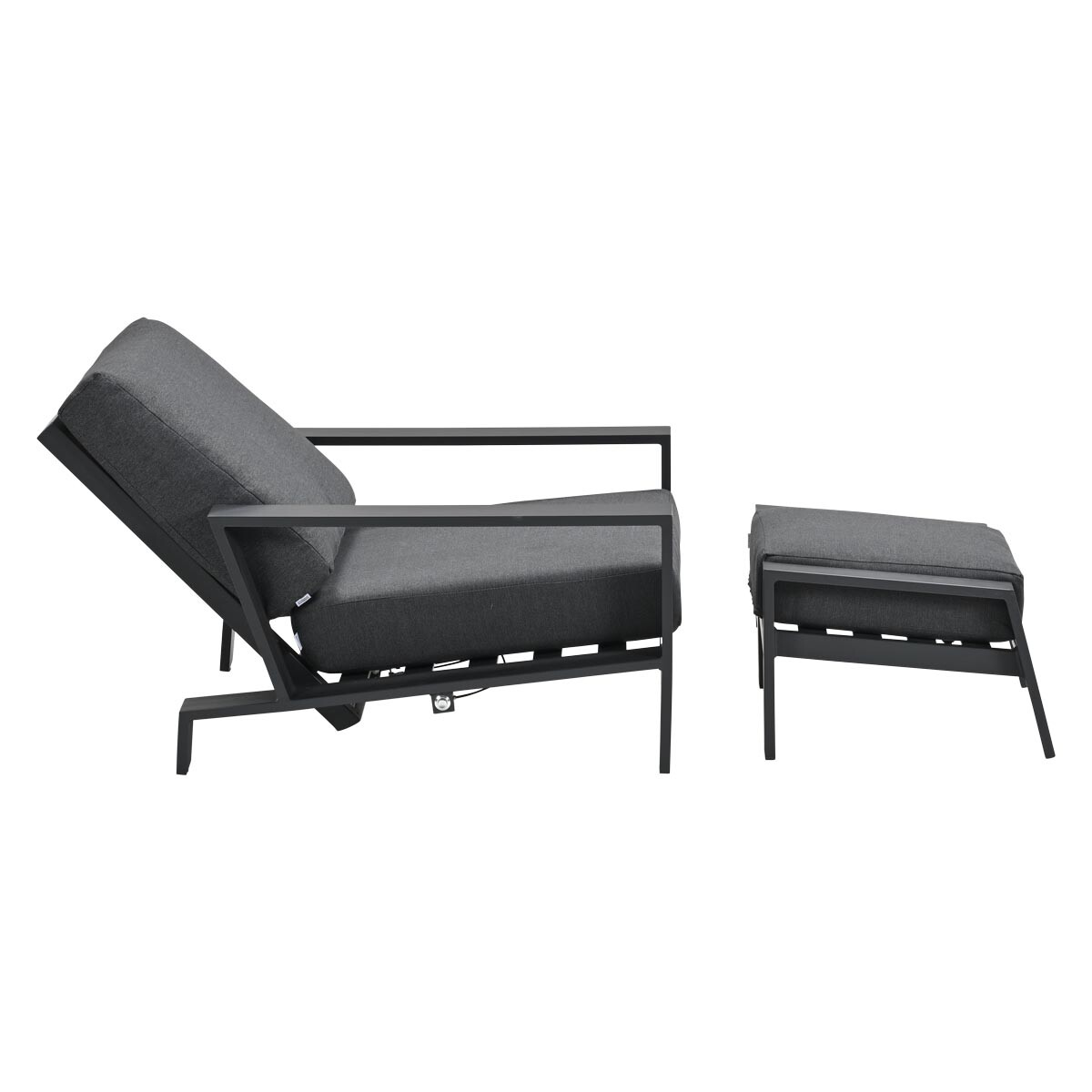 A dark gray chair with an ottoman, both against a white background.