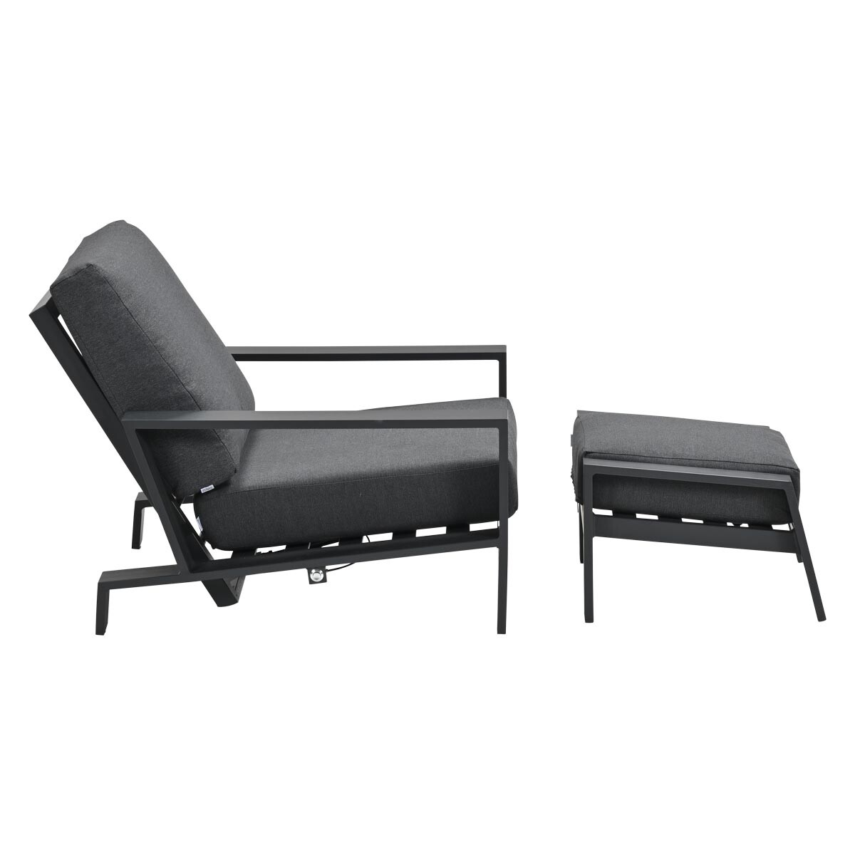 A black frame reclining chair and footstool with gray cushions on a white background.