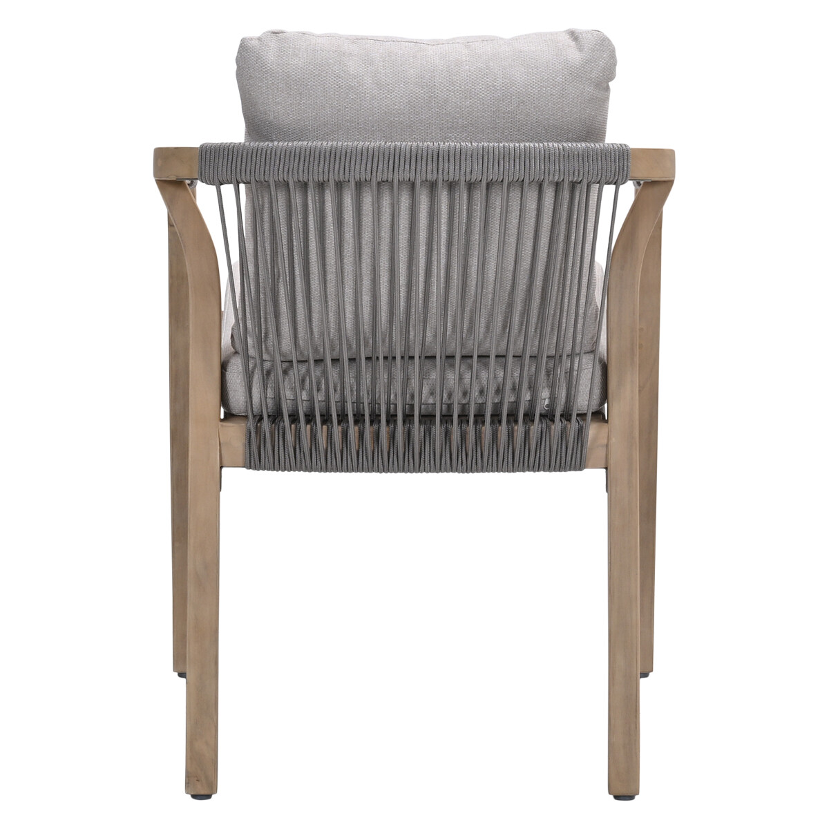 A wooden chair with a gray cushion and a gray woven backrest, white background.