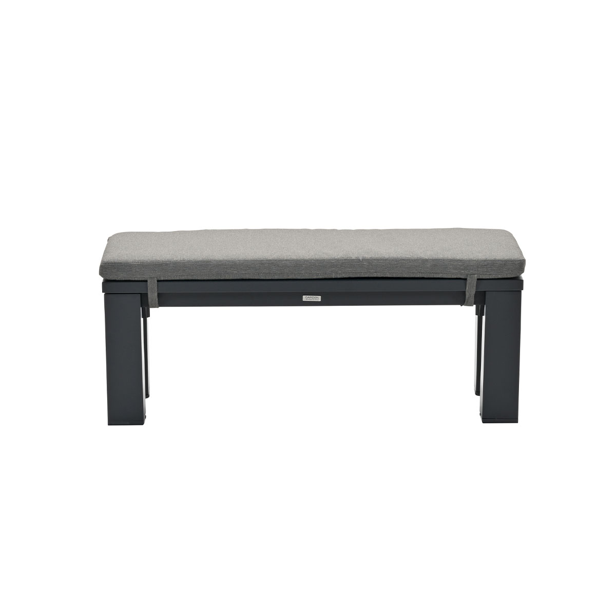 Dark gray bench with gray cushion, isolated on a white background. Back view.