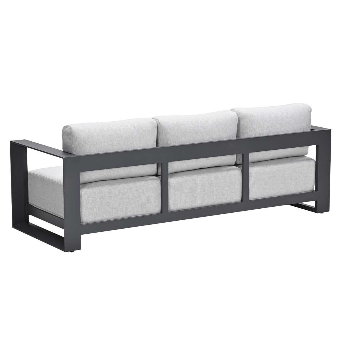 Dos d'un canapé gris avec trois coussins sur fond blanc.