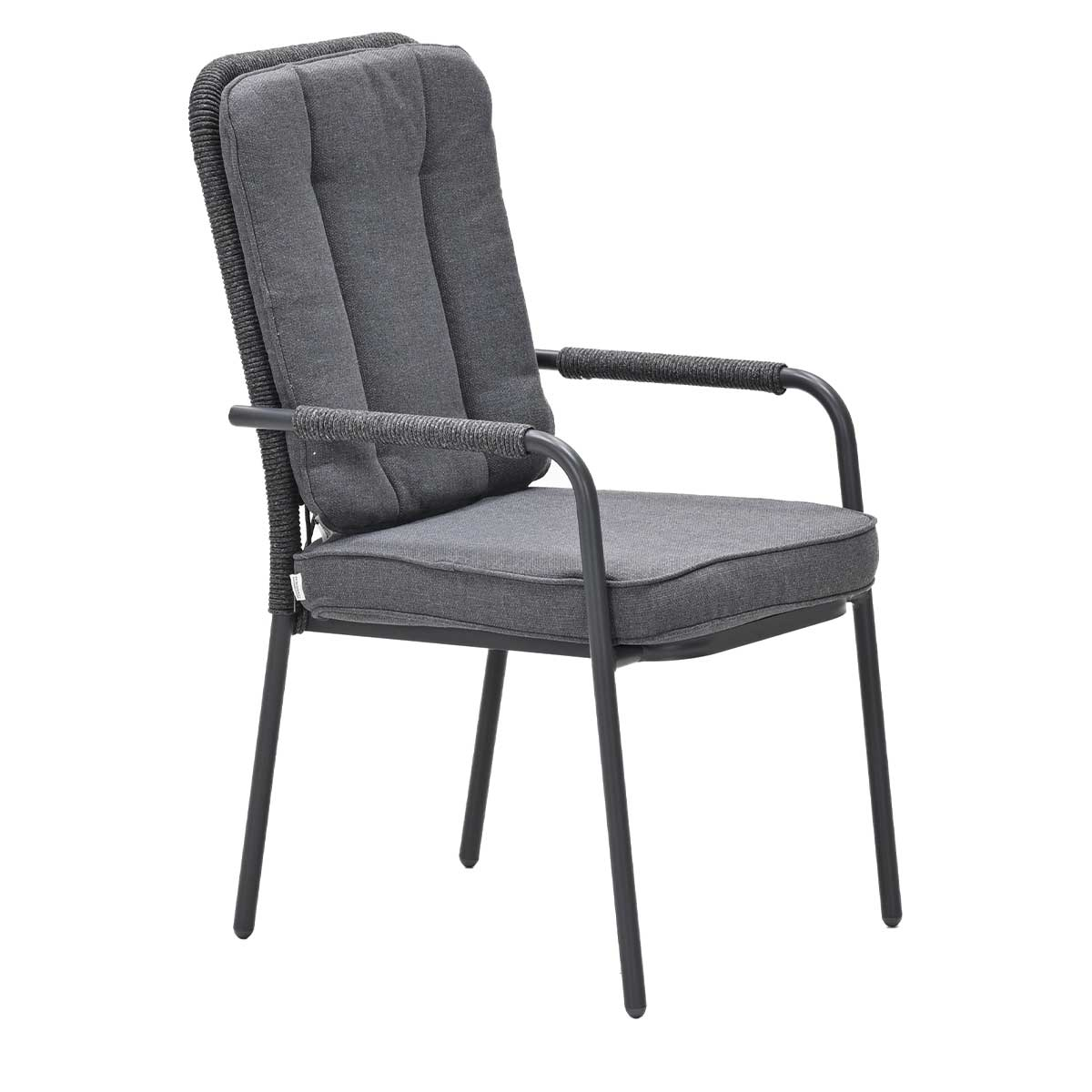 Gray outdoor chair with a padded seat and back on a white background.