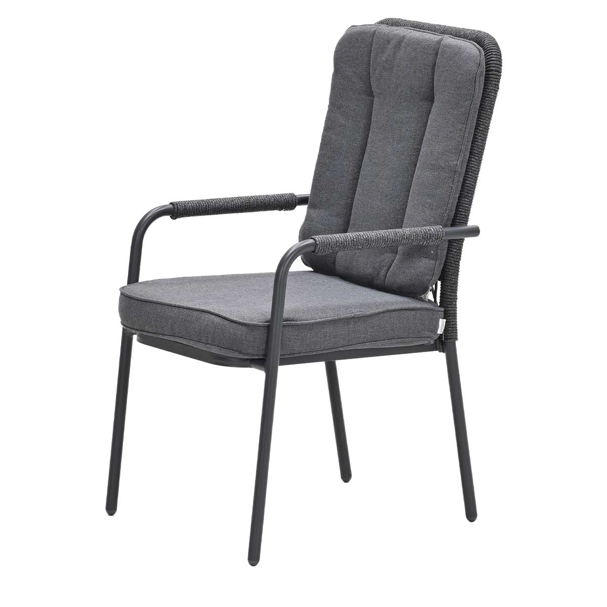 Another gray outdoor chair with a padded seat and back.