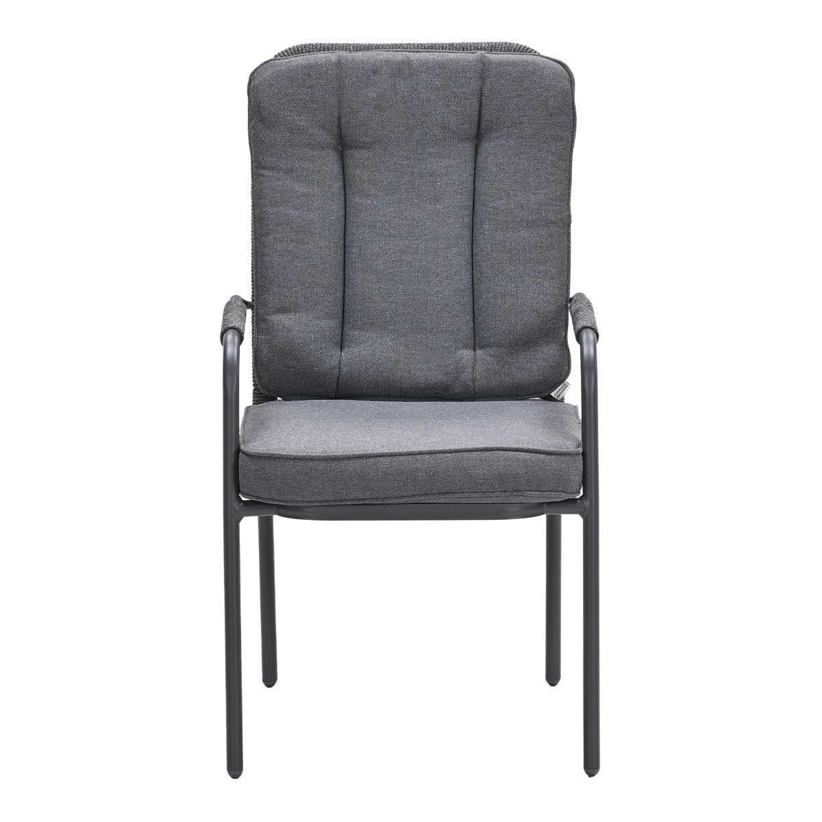 Outdoor chair with a grey cushion and dark frame. The chair is on a white background.