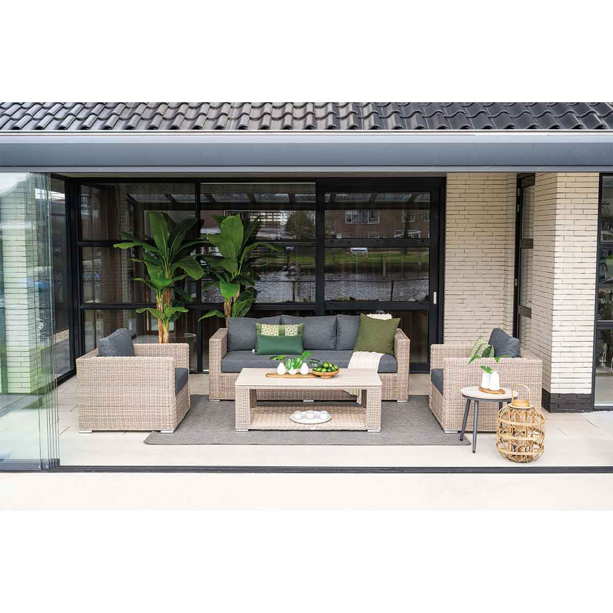 Ensemble de sièges d'extérieur sur le patio. Comprend un canapé, des fauteuils, une table basse, une table d'appoint, des plantes et un tapis.