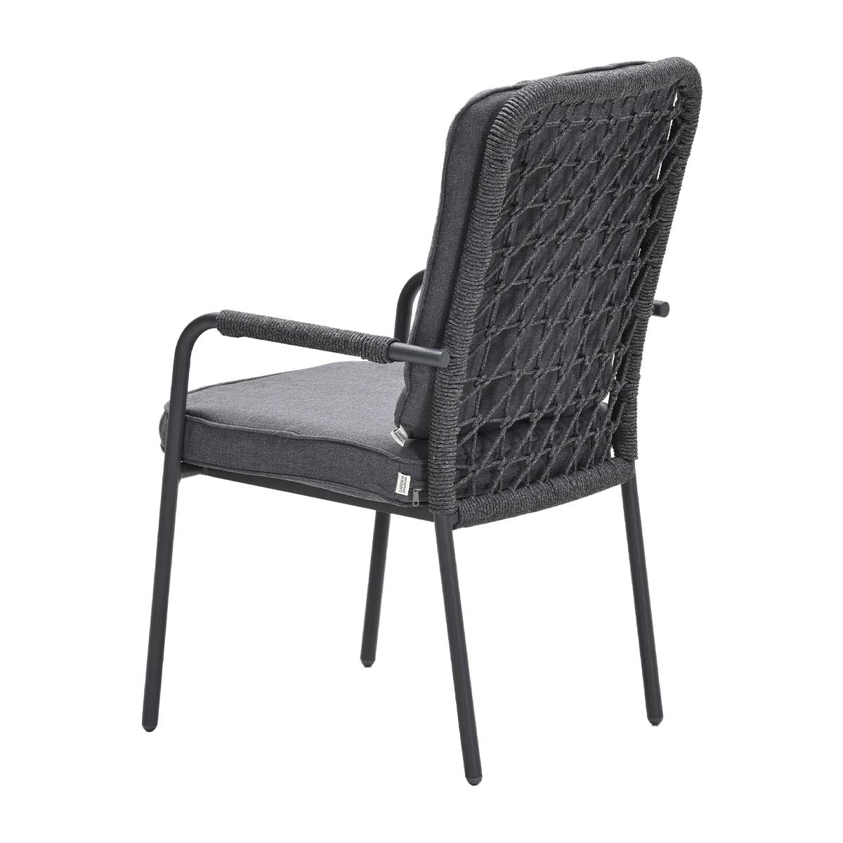Back view of a grey chair with a black frame. The chair has a woven back and grey cushion, white background.