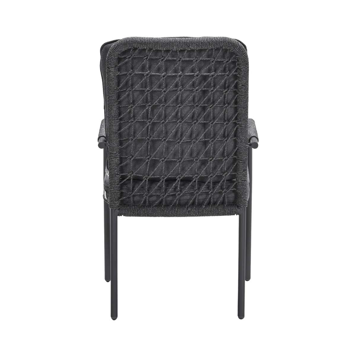 Back of a black woven chair. The chair sits on a white background.