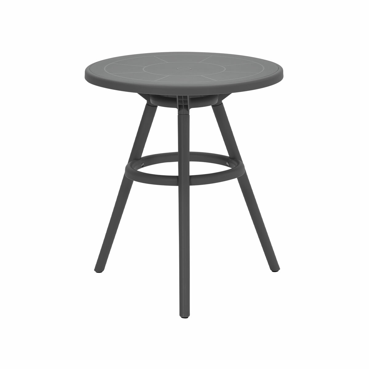 A gray round table with three legs on a white background.