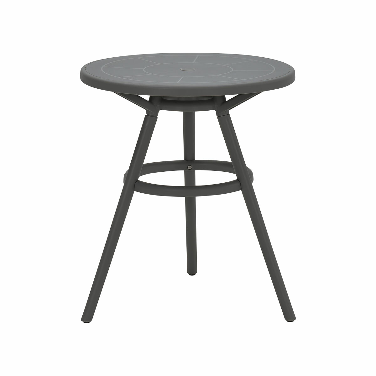 Gray outdoor table with three legs. Round top, modern design.
