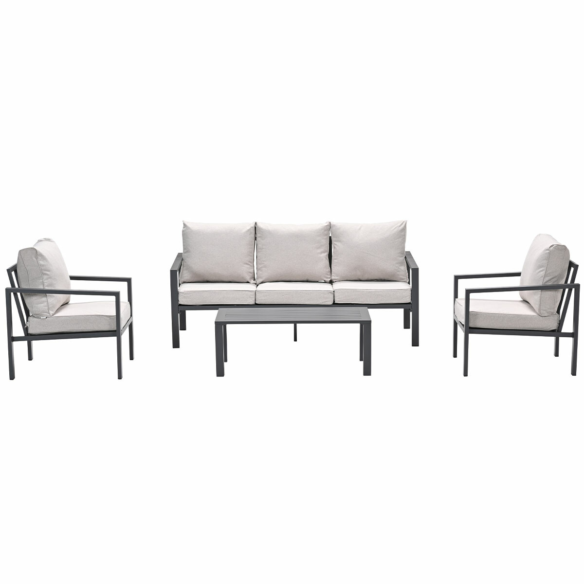 Outdoor furniture set with gray cushions, including a sofa, two chairs, and a table.