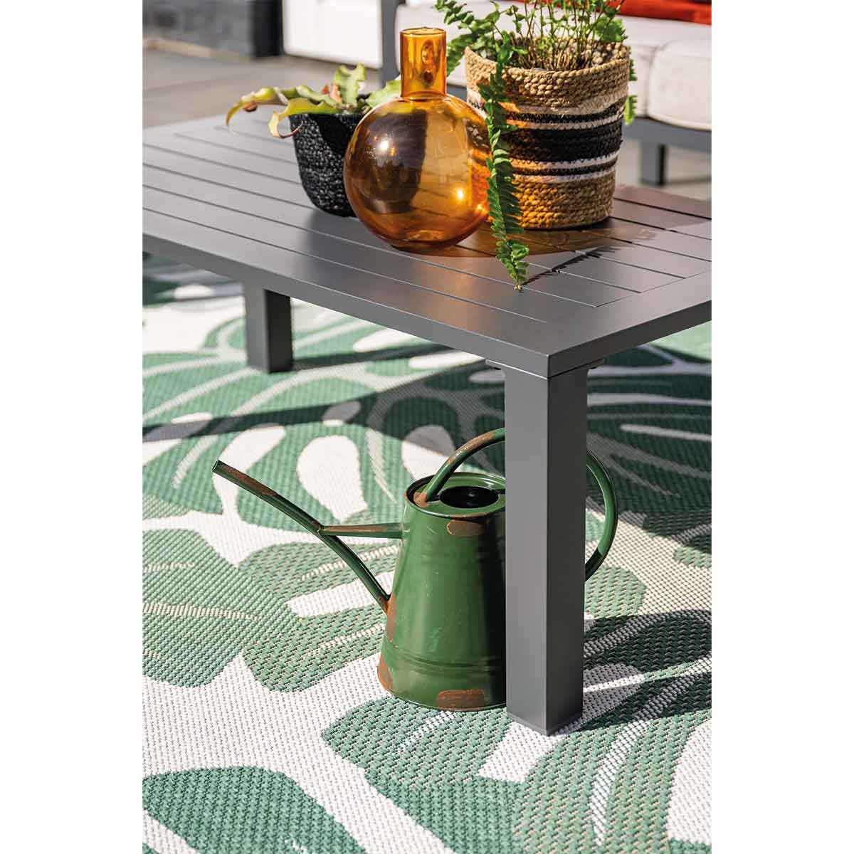 Table with plants, orange vase, and a green watering can on a green patterned rug.