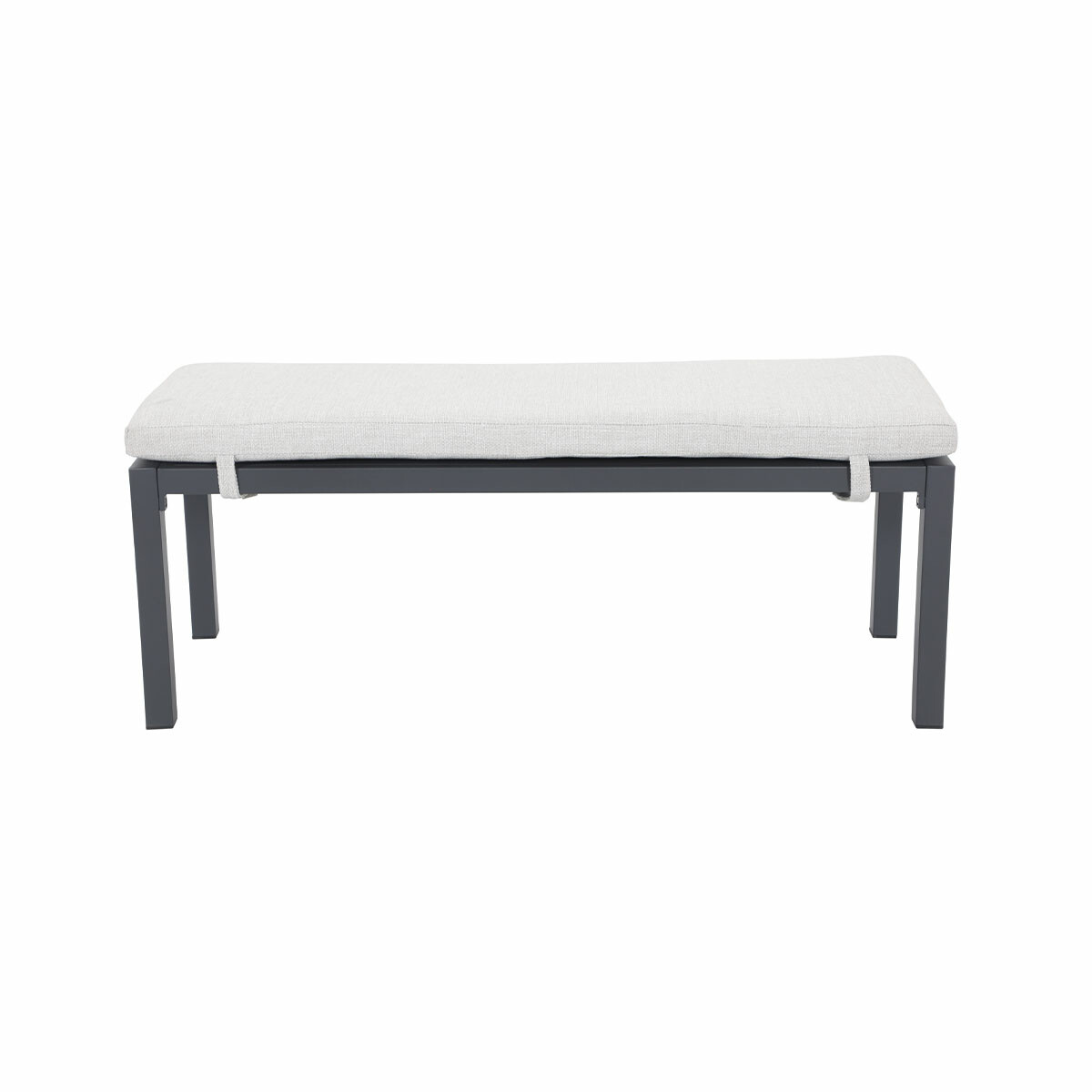 A gray bench with a white cushion, set against a white background.