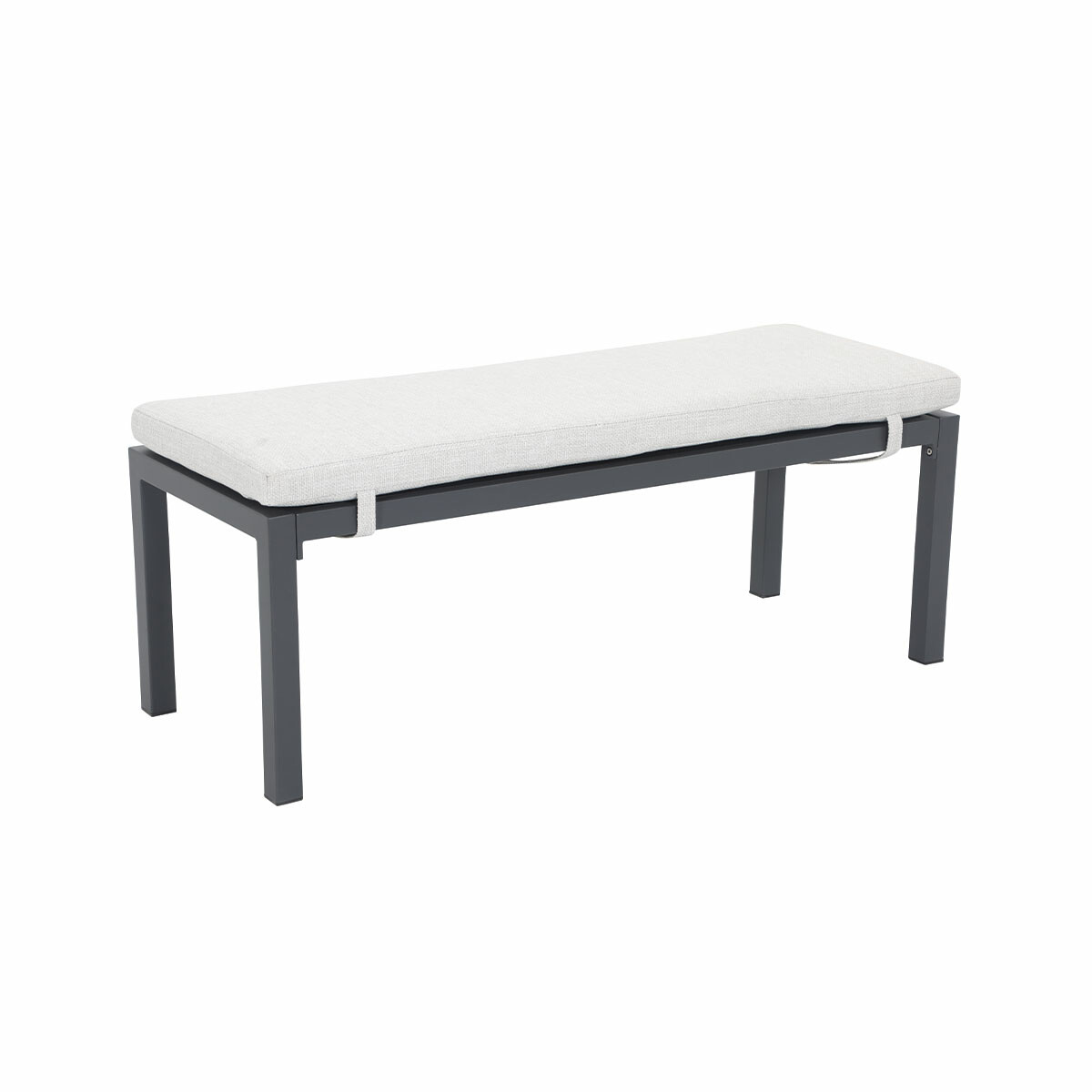 Gray bench with a white cushion, viewed from a slight angle, white background.