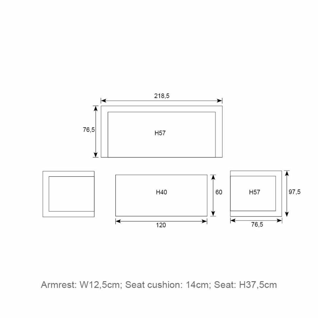 Diagram met afmetingen voor een bank en twee stoelen, met afmetingen in centimeters.