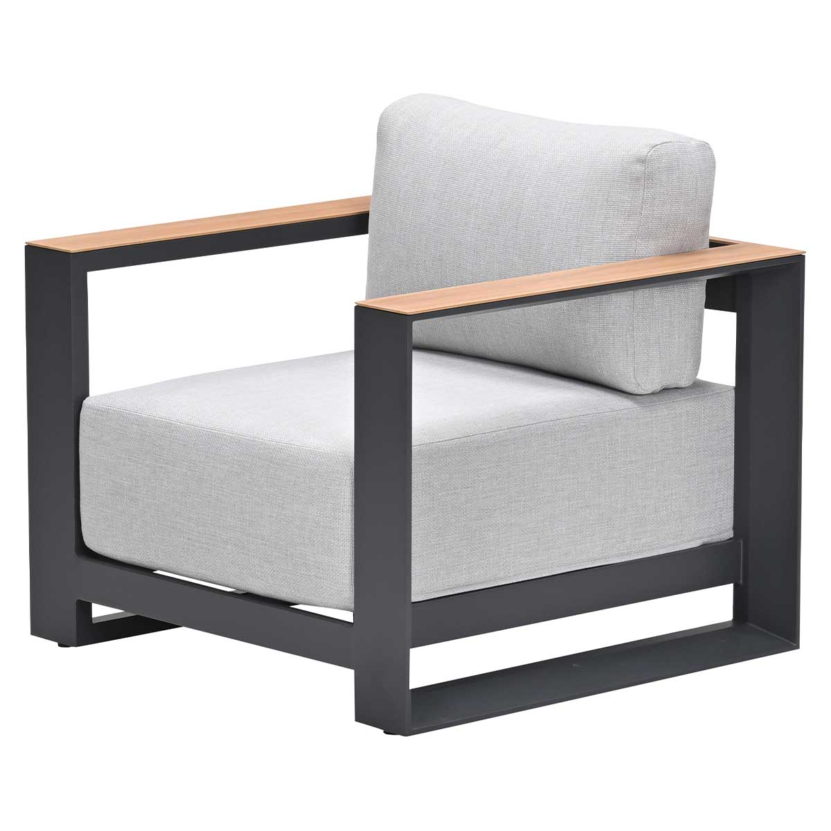 A gray armchair with wooden armrests on a white background. The chair has a dark frame and a cushion.