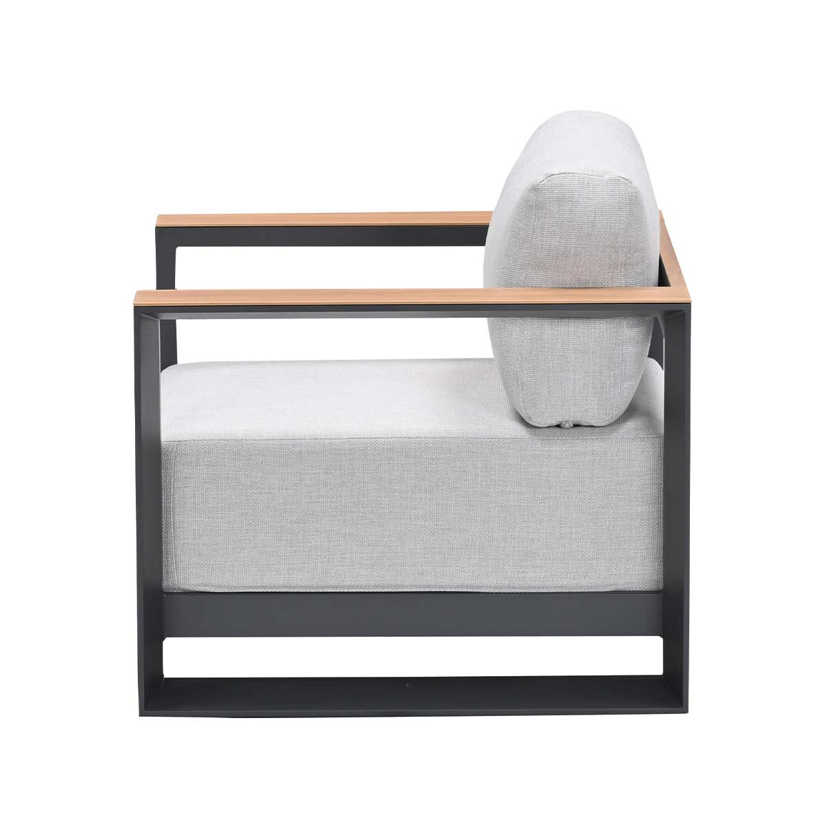 A side view of a gray armchair with wooden armrests and a white background. Cushion and frame are visible.