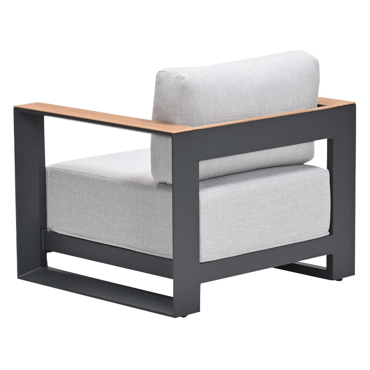 Gray armchair, wood armrest, light cushion, white background, front view.