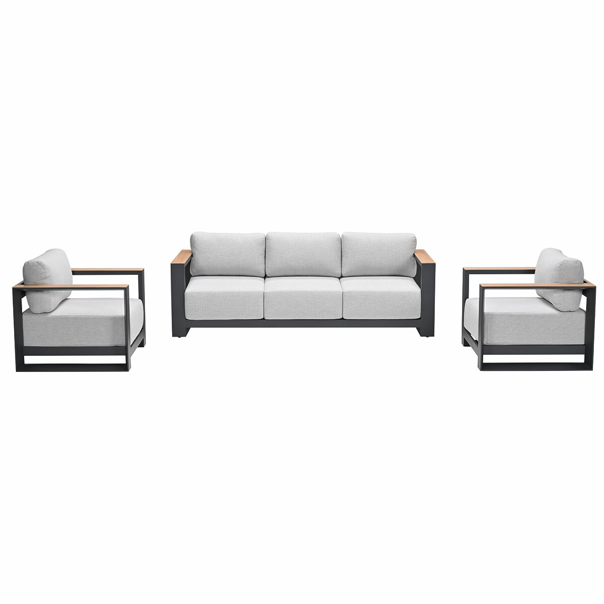 A set of outdoor furniture on a white background. Includes a gray sofa and two armchairs.