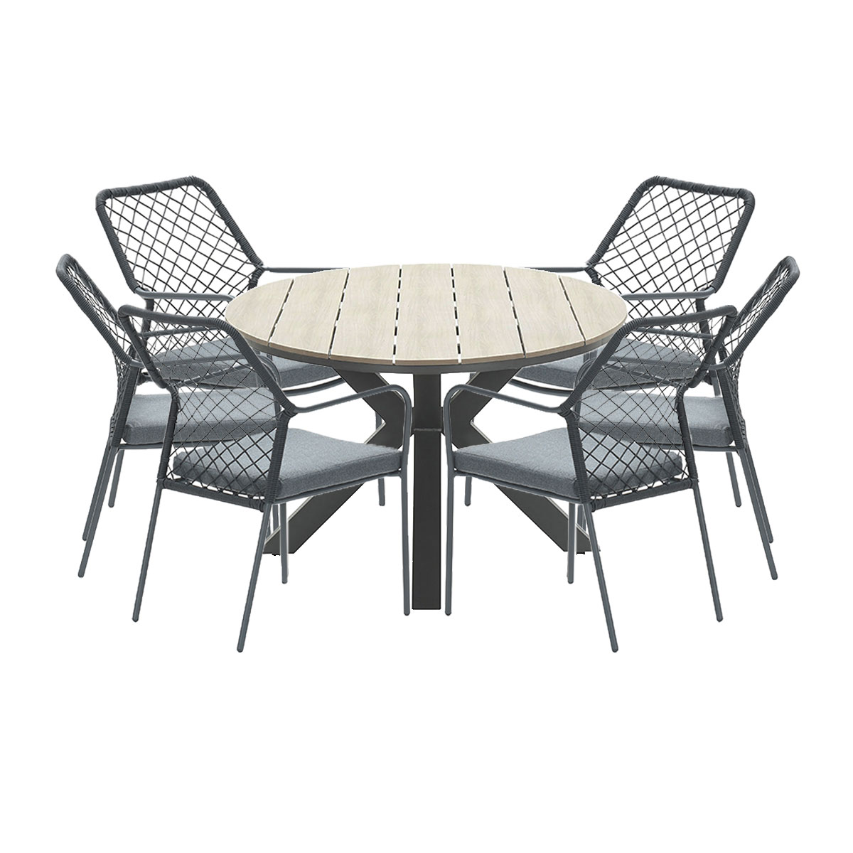A round table with a wooden top and six chairs with gray cushions.
